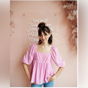 Storia -Briar Puff Sleeve Peplum Top-Size Large-Pink Gingham-Lined-Puff Sleeves